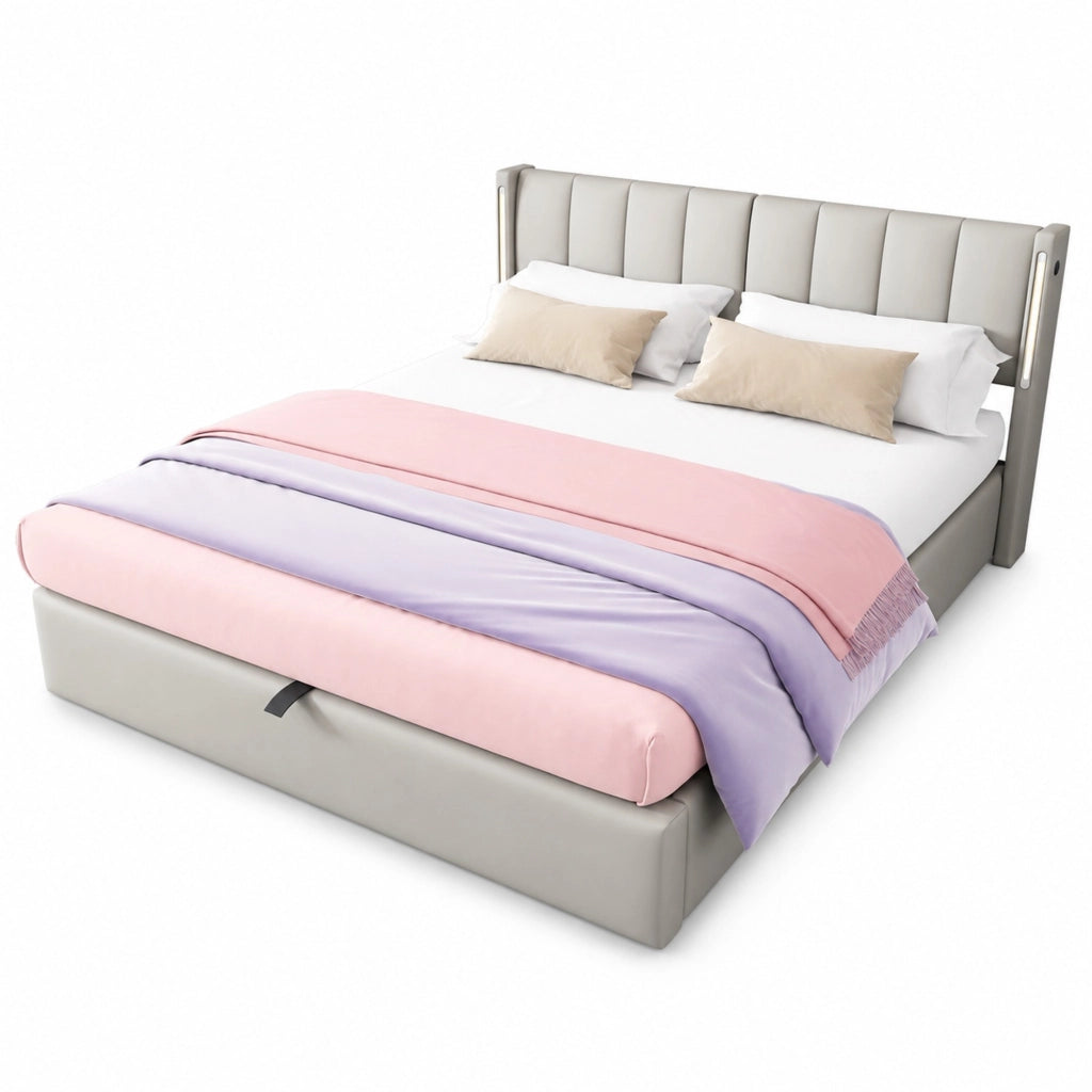 Letto imbottito 140x190 cm con LED, USB Type-C, testiera regolabile, PU grigio