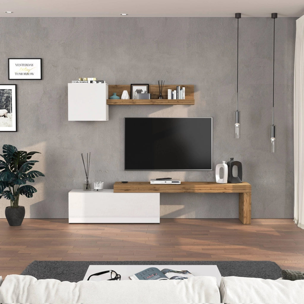 WHOUS Parete attrezzata Chronos set soggiorno bianco Lucido e rovere 180/290x40 cm