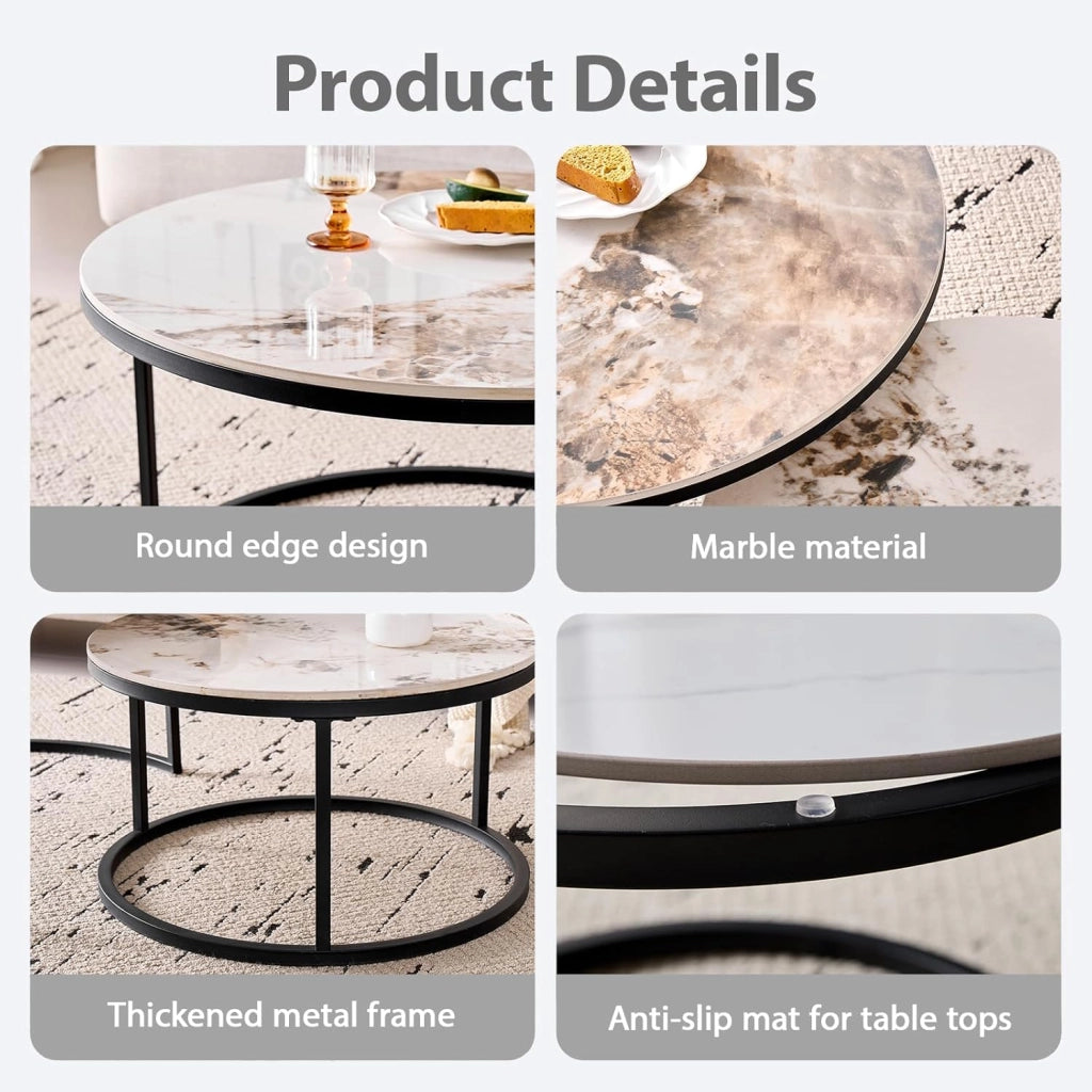 GrandCA HOME Set di 2 Tavolini Rotondi da Caffè, Tavolini Impilabili Moderni per il Soggiorno, Struttura in Metallo Nero, 50 cm e 70 cm, Realizzati in Marmo Pandora e Pietra Sinterizzata