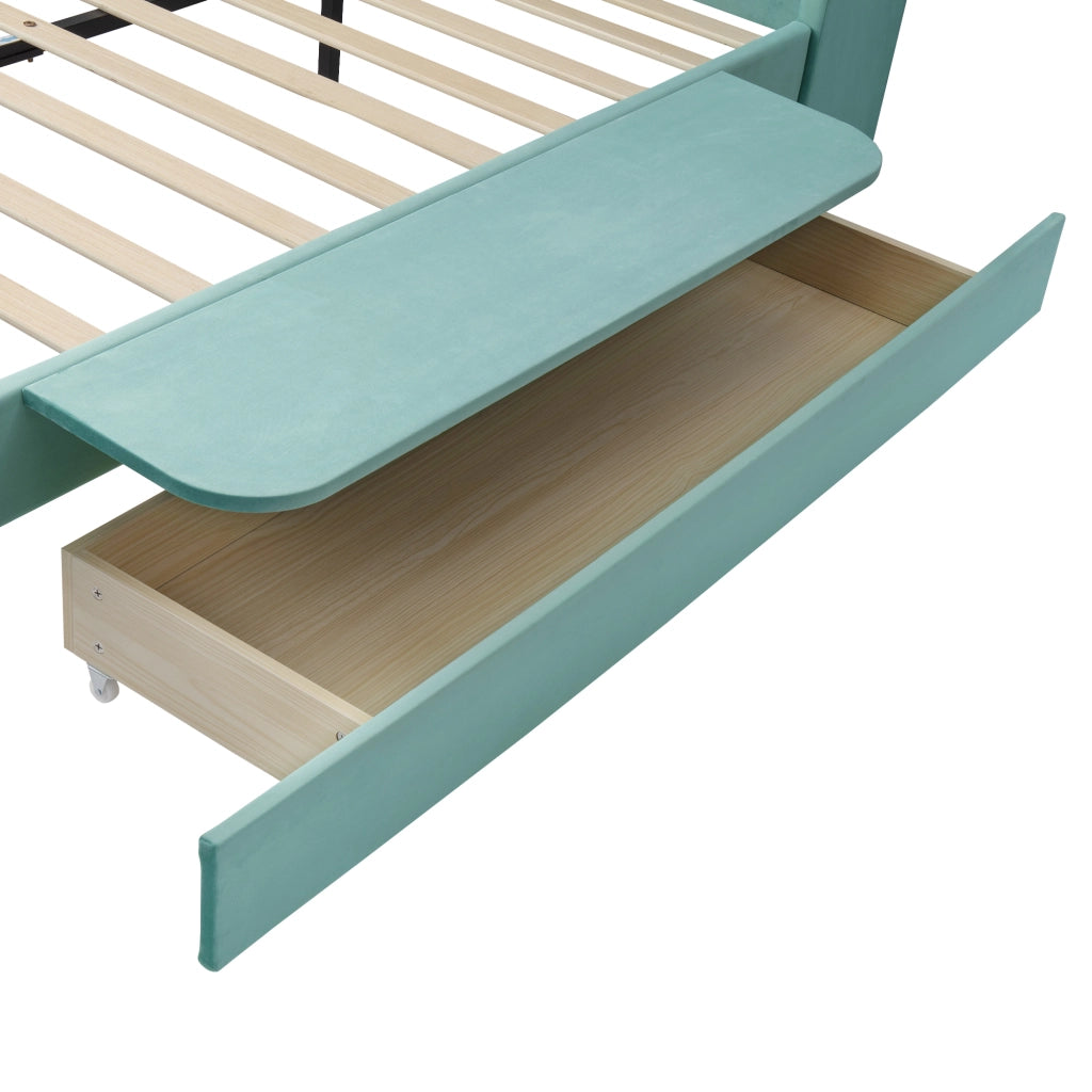 Letto con cassetti 140 × 200 cm con ripiano pieghevole; bordi imbottiti; legno e velluto francese blu-verde