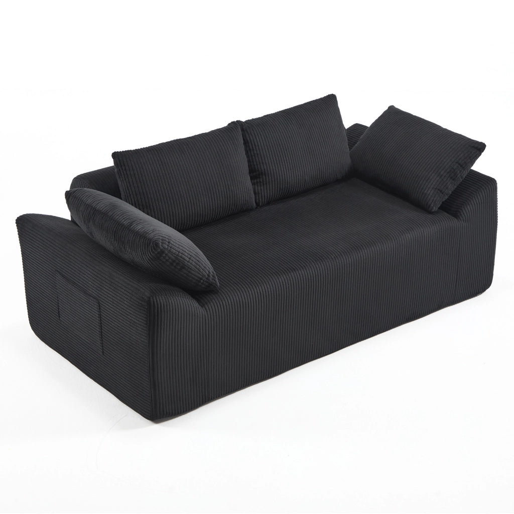 Divano senza struttura compatto in tessuto nero; 67 x 45 x 67 cm; con schienale alto e tasche laterali