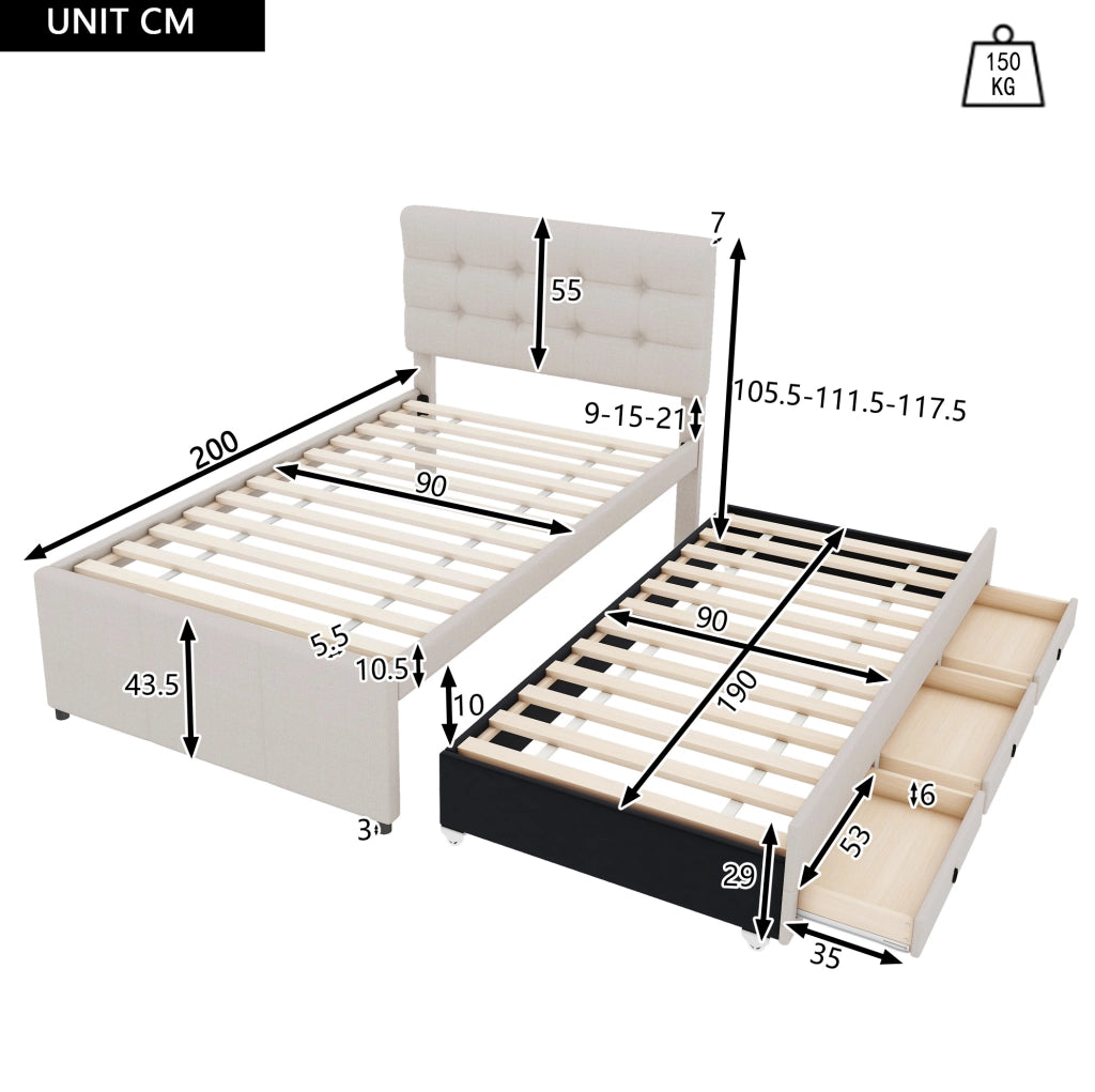 Letto singolo 90x200 cm; estraibile; 3 cassetti; testiera regolabile; lino; beige (Senza materasso)