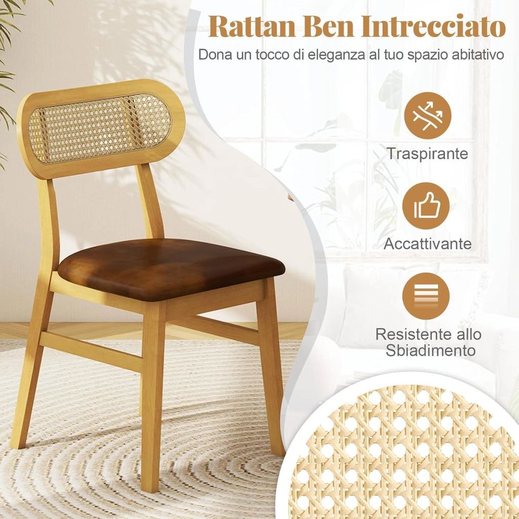 Set 2 Sedie Sala da Pranzo 49 x 48 x 79cm, Sedie da Cucina Moderno con Schienale Ergonomico in Rattan e Seduta in Pelle, Capacità di Carico 180 kg, per Soggiorno e Salotto (Marrone)
