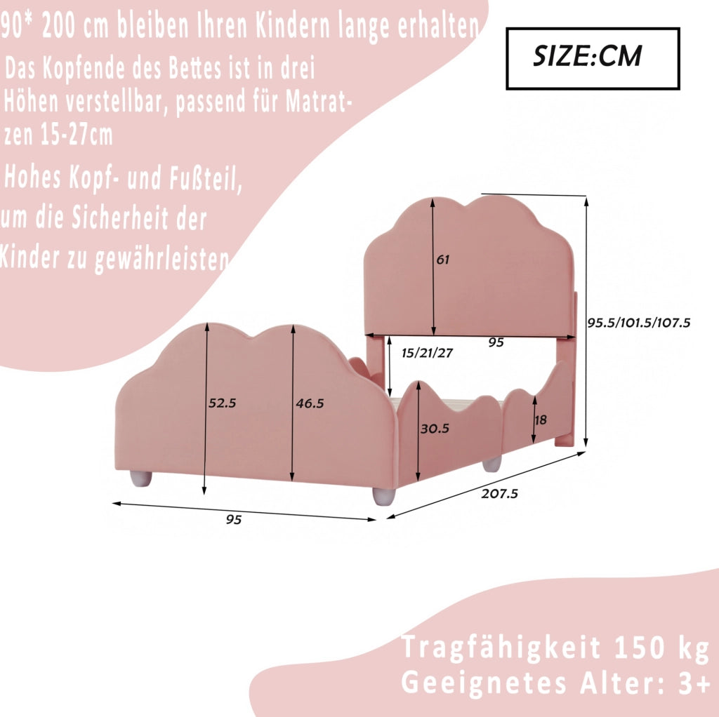 Letto imbottito per bambini 90 x 200 cm con sponde alte; velluto rosa