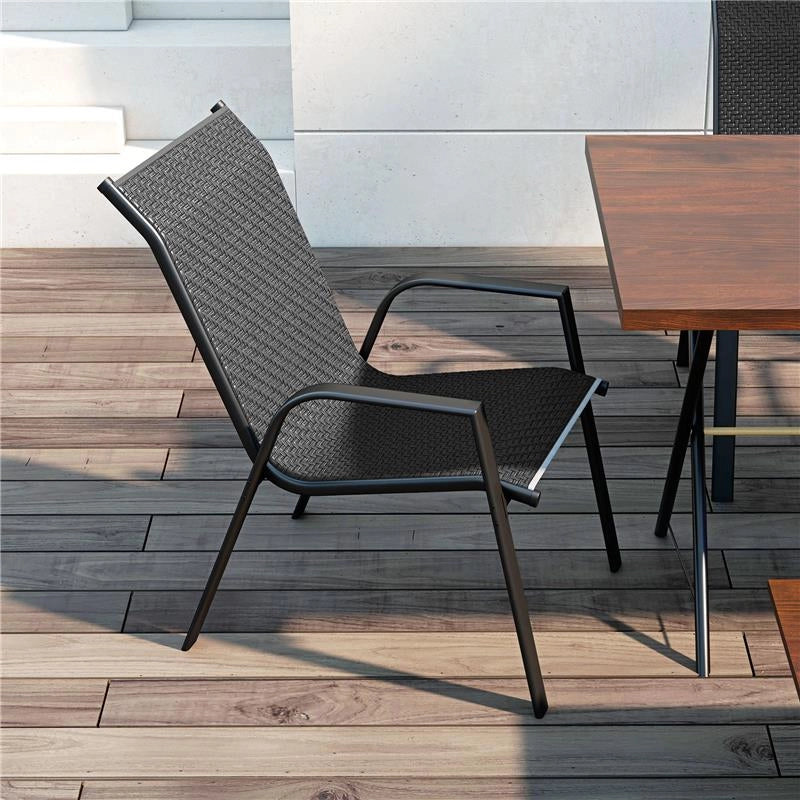 SET 4 SEDIE DA GIARDINO IMPILABILI CON BRACCIOLI IN RATTAN PE E ACCIAIO GRIGIO