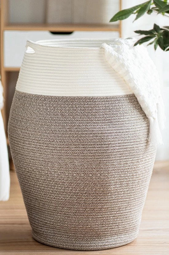 Wastafel grande, 105 l, contenitore di stoccaggio, cesto intrecciato di corda di cotone per abiti sporchi nella zona lavanderia, 65 cm alto, bianco e marrone