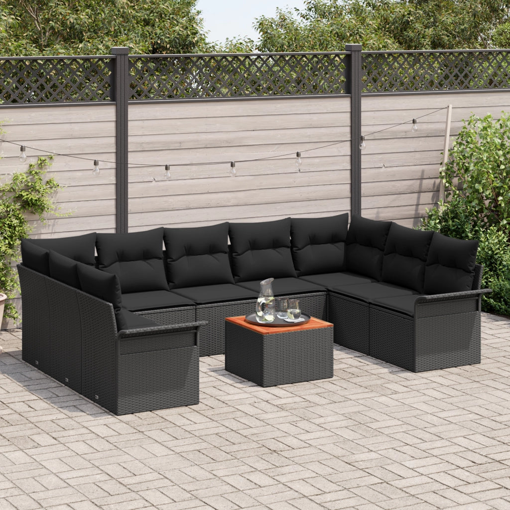 Set di divani da giardino con cuscini neri in polyrattan acacia
