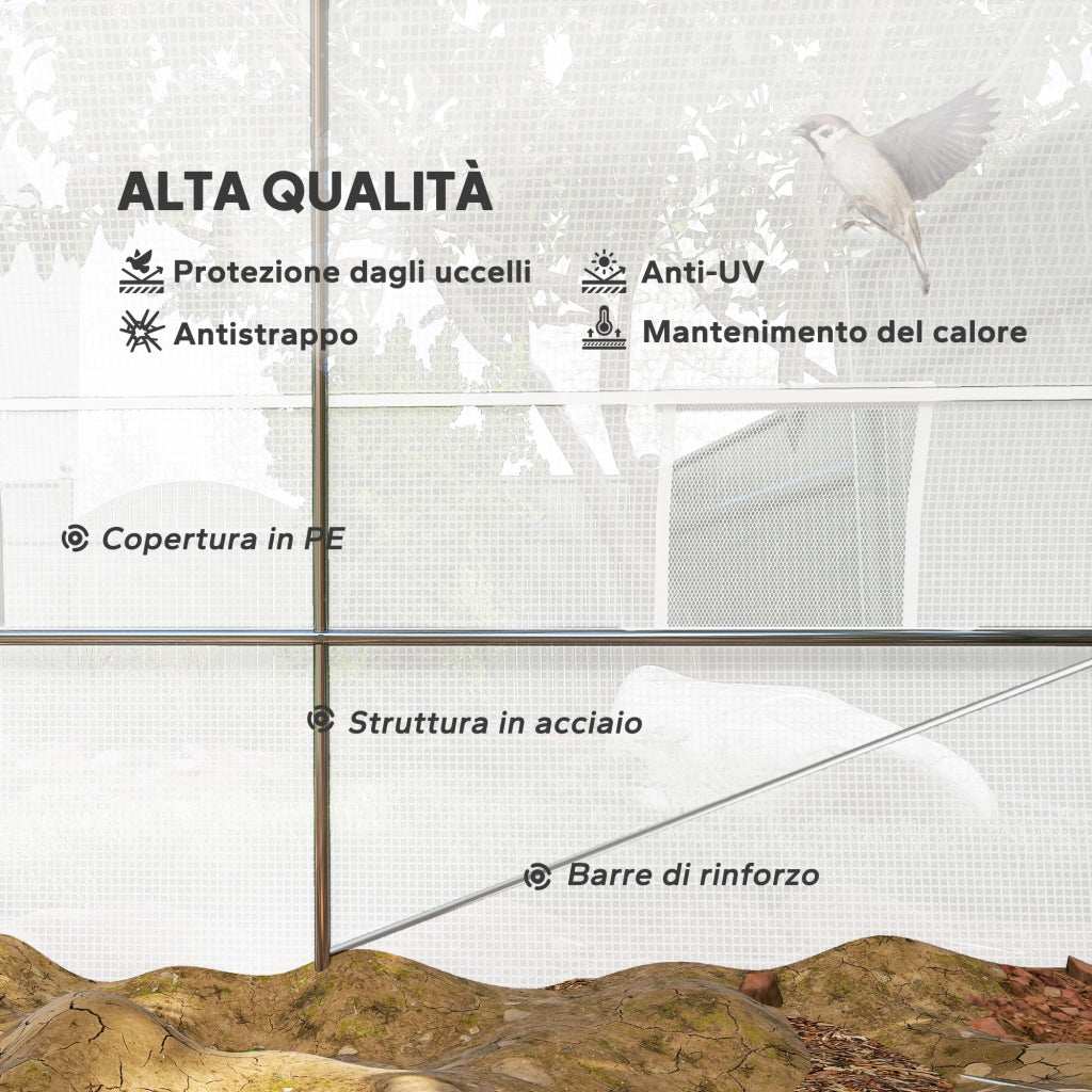 Serra a Tunnel 8x3x2 m con Rivestimento in Plastica e Acciaio Rinforzato, Bianco
