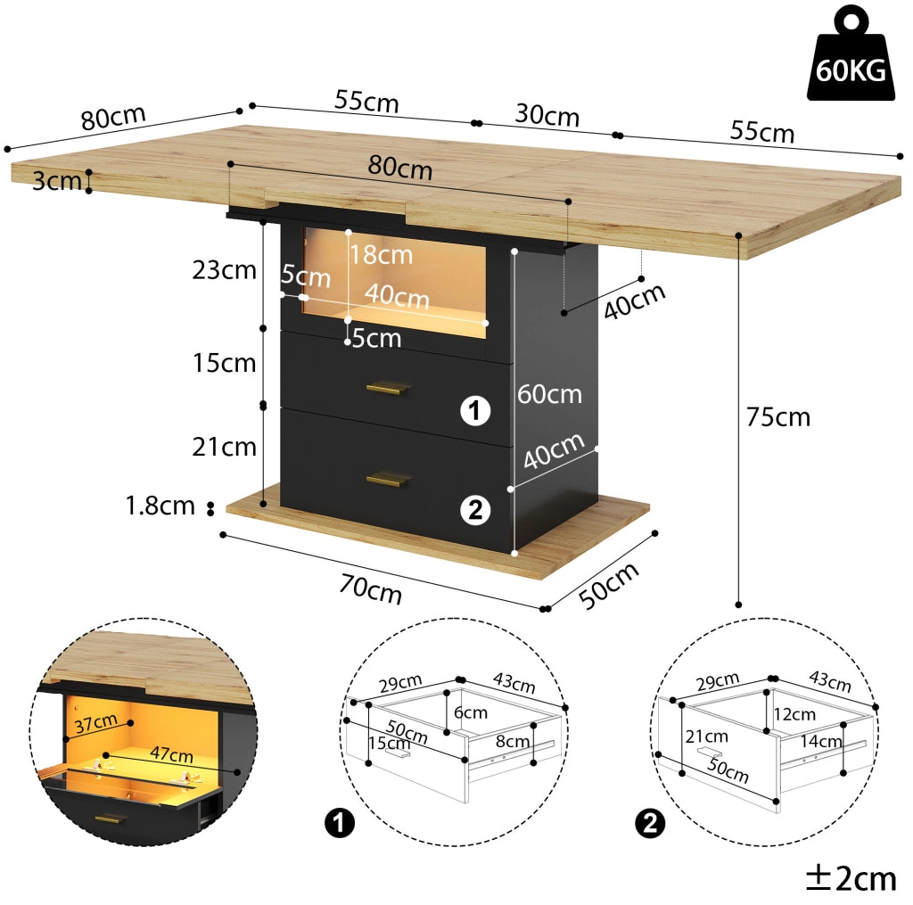 Tavolo da pranzo allungabile 110x80x75 cm con LED in MDF e metallo naturale