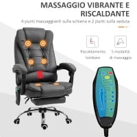 Poltrona da Ufficio Massaggiante e Reclinabile con Riscaldamento e Altezza Regolabile, Grigio