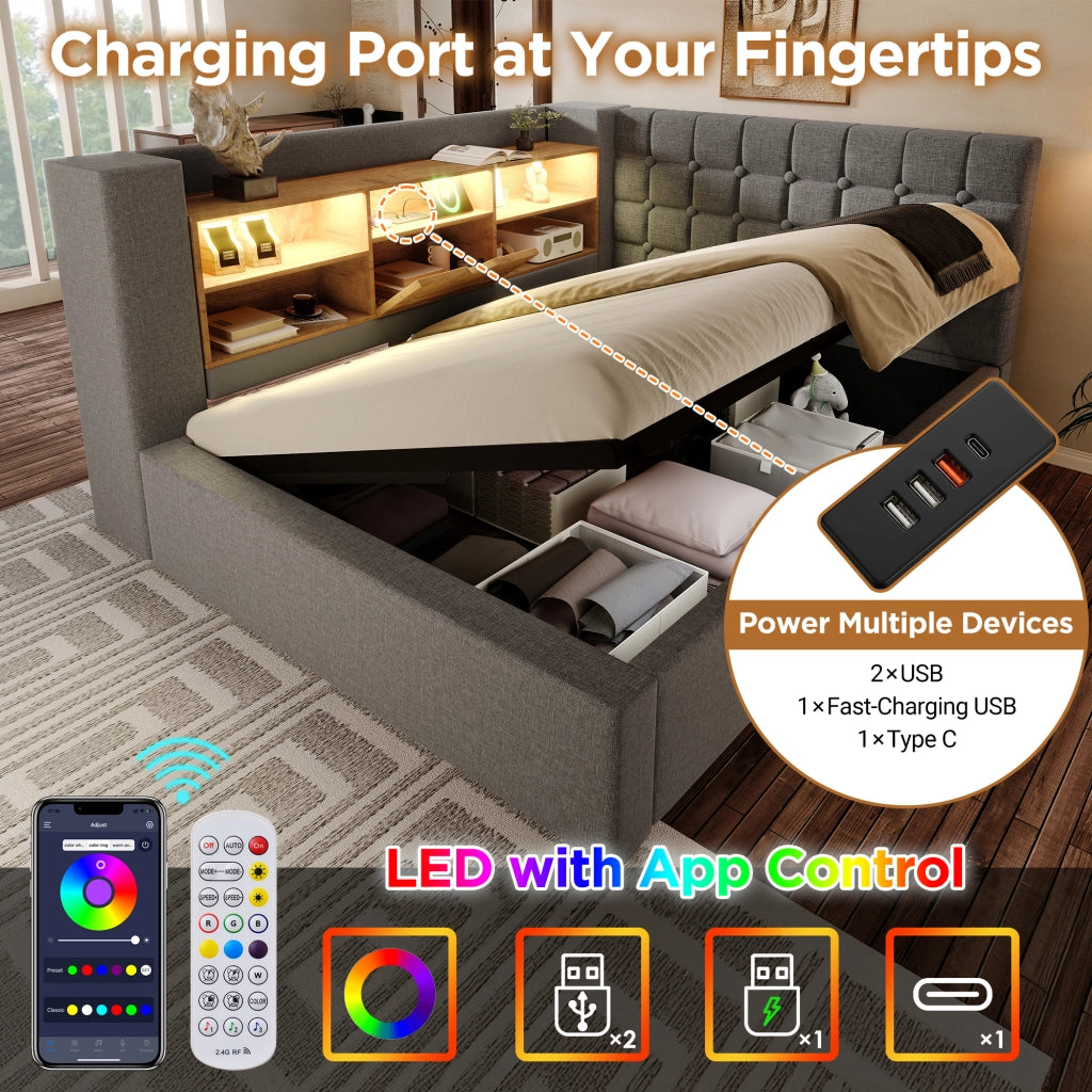 OKWISH Letto Contenitore 140×190 cm, Letto Matrimoniale con LED Regolabile, USB, Tipo C e Testiera a L, senza Materasso, Grigio