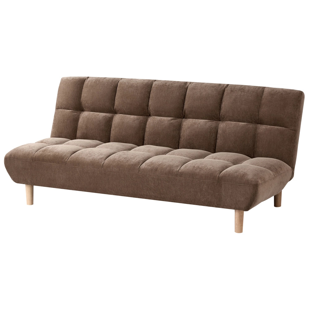 Divano letto marrone rivestito in tessuto con gambe in legno 2 posti schienale trapuntato seduta imbottita design moderno senza braccioli