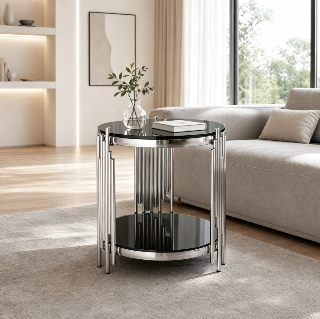 TAVOLINO Rotondo in vetro temperato 45 cm Nero e Argento