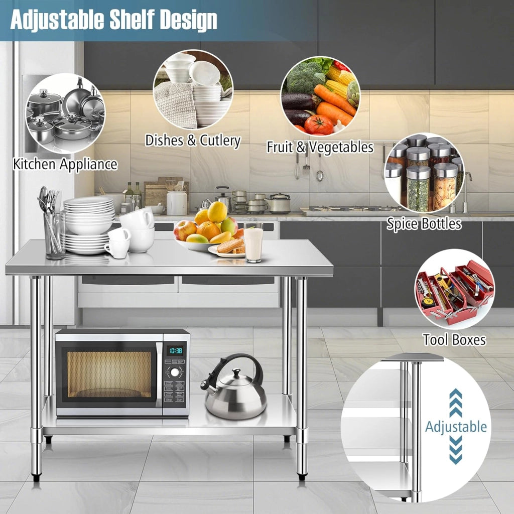 Tavolo da Lavoro in Acciaio Inox a 2 Livelli, Tavolo da Cucina Multifunzione con Ripiano Regolabile e Piedini Livellanti, per Preparazione Alimentare, 122x61x89 cm