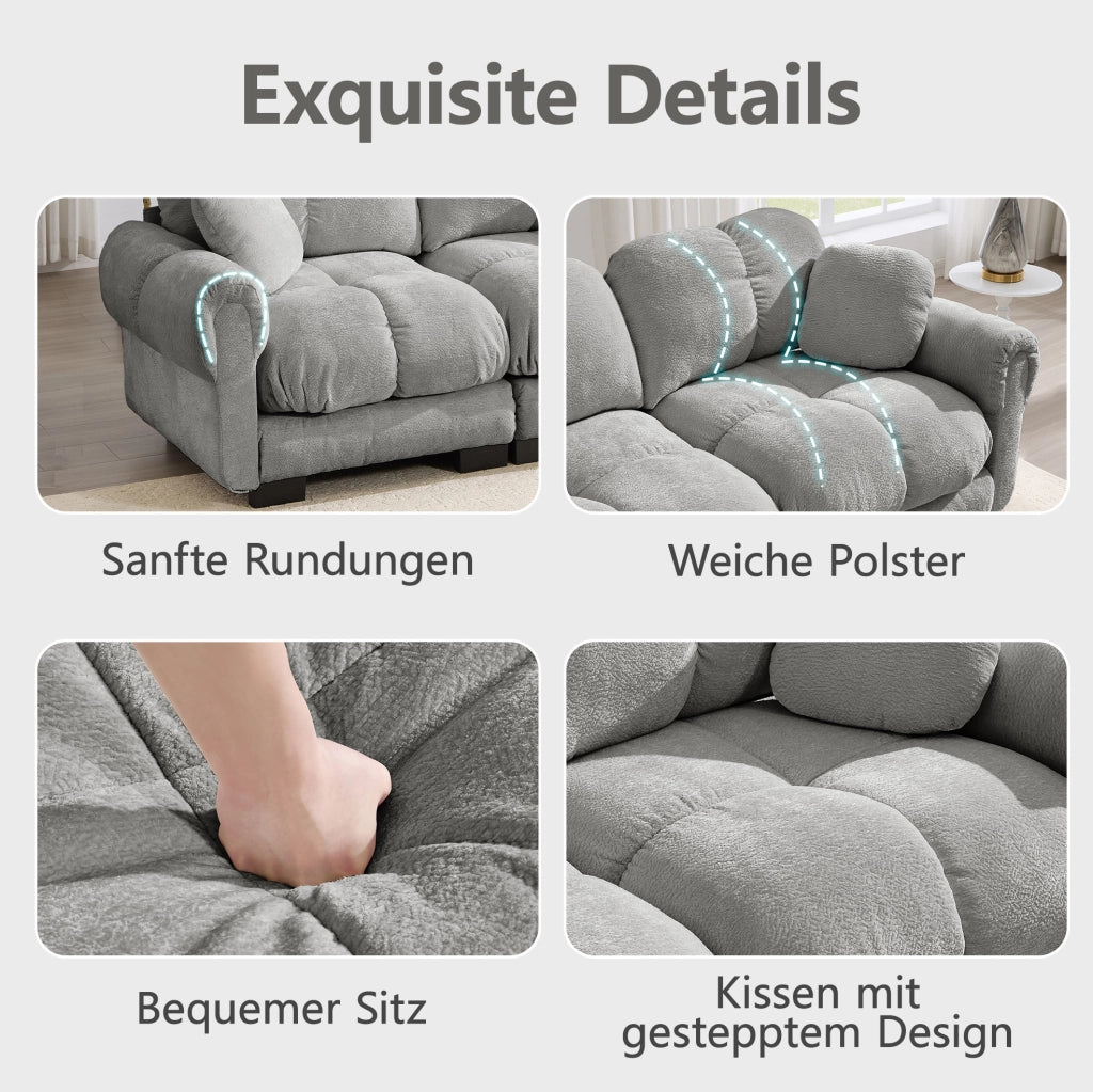 Divano angolare modulare 2 posti in chenille grigio chiaro con pouf mobile e cuscini spessi 190x149x90 cm