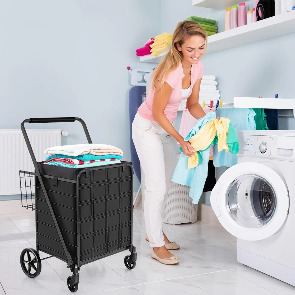 Carrello Portaspesa Pieghevole con Sacca, Carrello della Spesa Pieghevole con Ruote Girevoli a 360°, 2 Cesti, Capacità di Carico: 150 kg, 126 L, 66 x 64 x 103 cm (Nero)