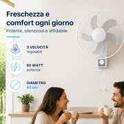 Ventilatore da Muro 43 cm Silenzioso 3 Velocità 65Watt a Parete Bianco