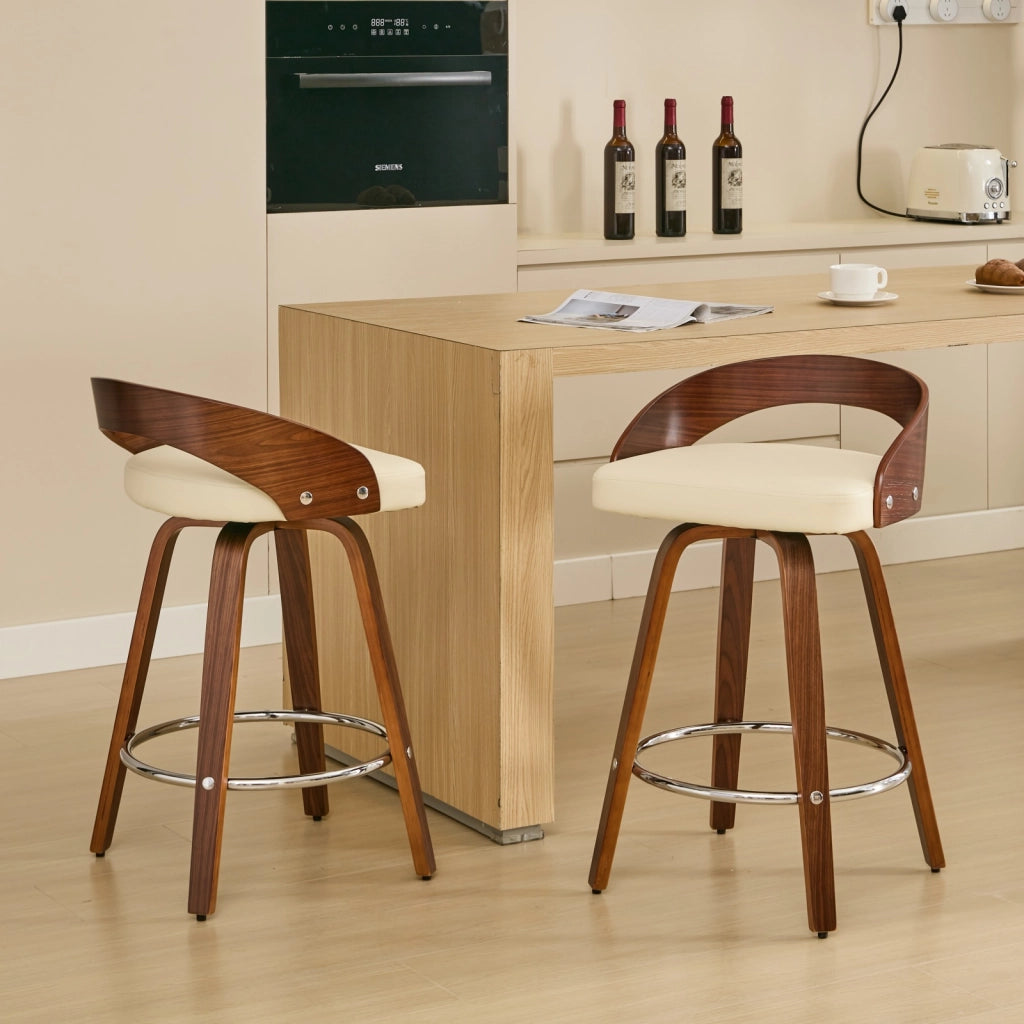 Set di 2 Sgabelli da Bar Girevoli con Schienale Basso e Seduta Imbottita; Stile Vintage; Pelle sintetica e Legno; Beige