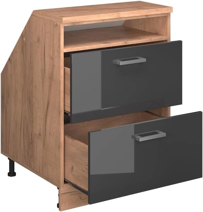 Mobile sottotetto Rion, Antracite lucido, 60 x 81.6 cm con 2 cassetti, carcassa 60 cm profondità, adatto per il salvaspazio sotto tetti spioventi