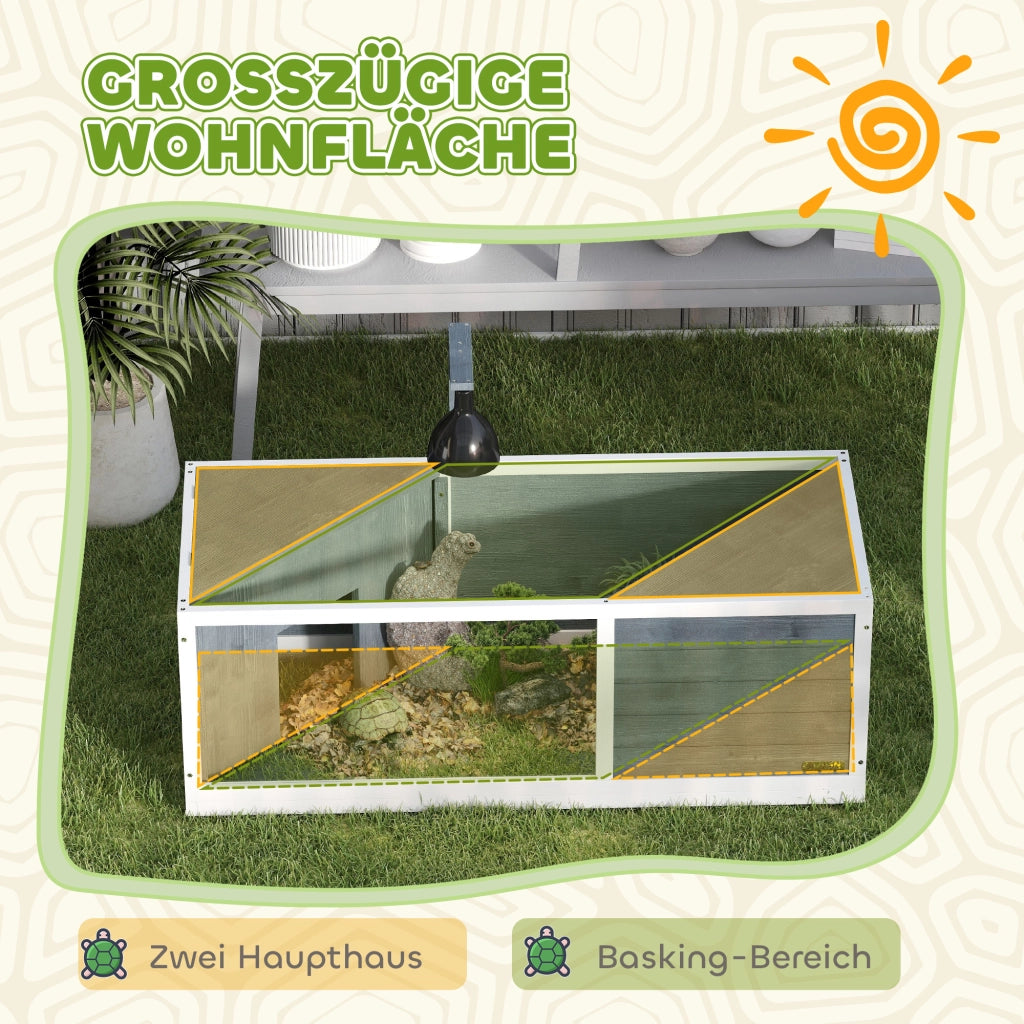Casetta da giardino per tartarughe con due vani e area gioco centrale in legno di abete grigio 120 × 50 × 40 cm