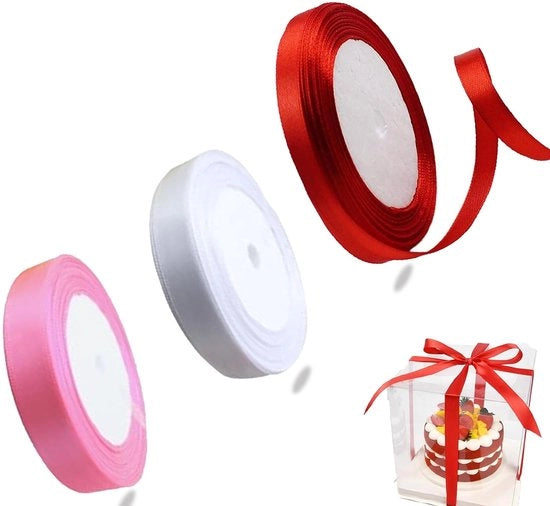 Cadeaulint di alta qualità in seta - 3 pezzi - Rosso/Rosso chiaro/Bianco - 66 Metri totali - 1 cm di larghezza - Ideale per regali - Nastro di regalo