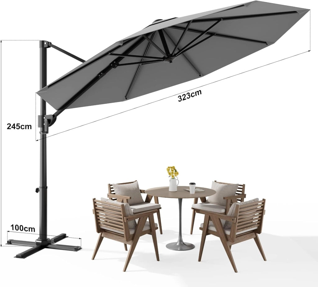 Ombrellone da Giardino Grande 330 cm, Ombrellone da Spiaggia e Giardino con Struttura Rinforzata, Manovella a 360°, Copertura Antivento 7x, Protezione UV 30+