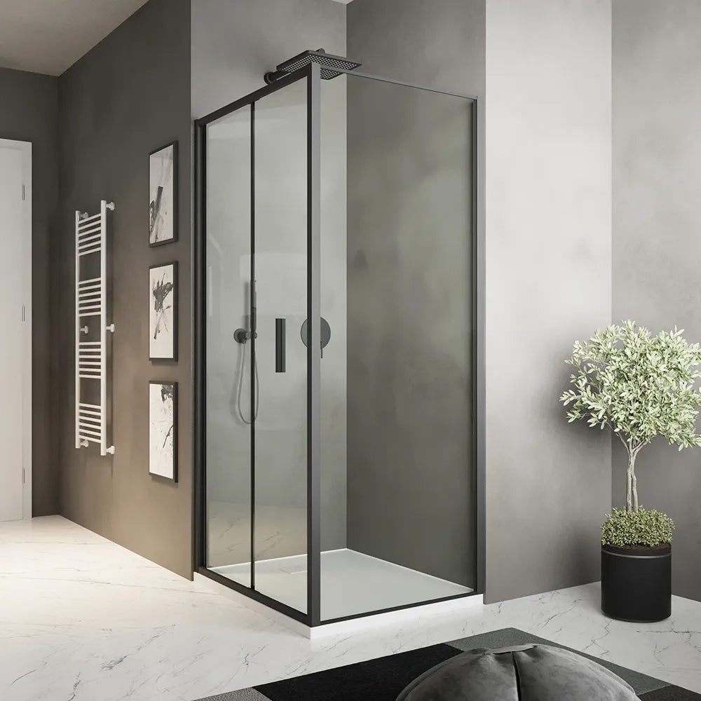 Box doccia slim 90x90cm con porta a libro e parete fissa profili nero opaco e vetro 6mm trasparente h190| Portofino