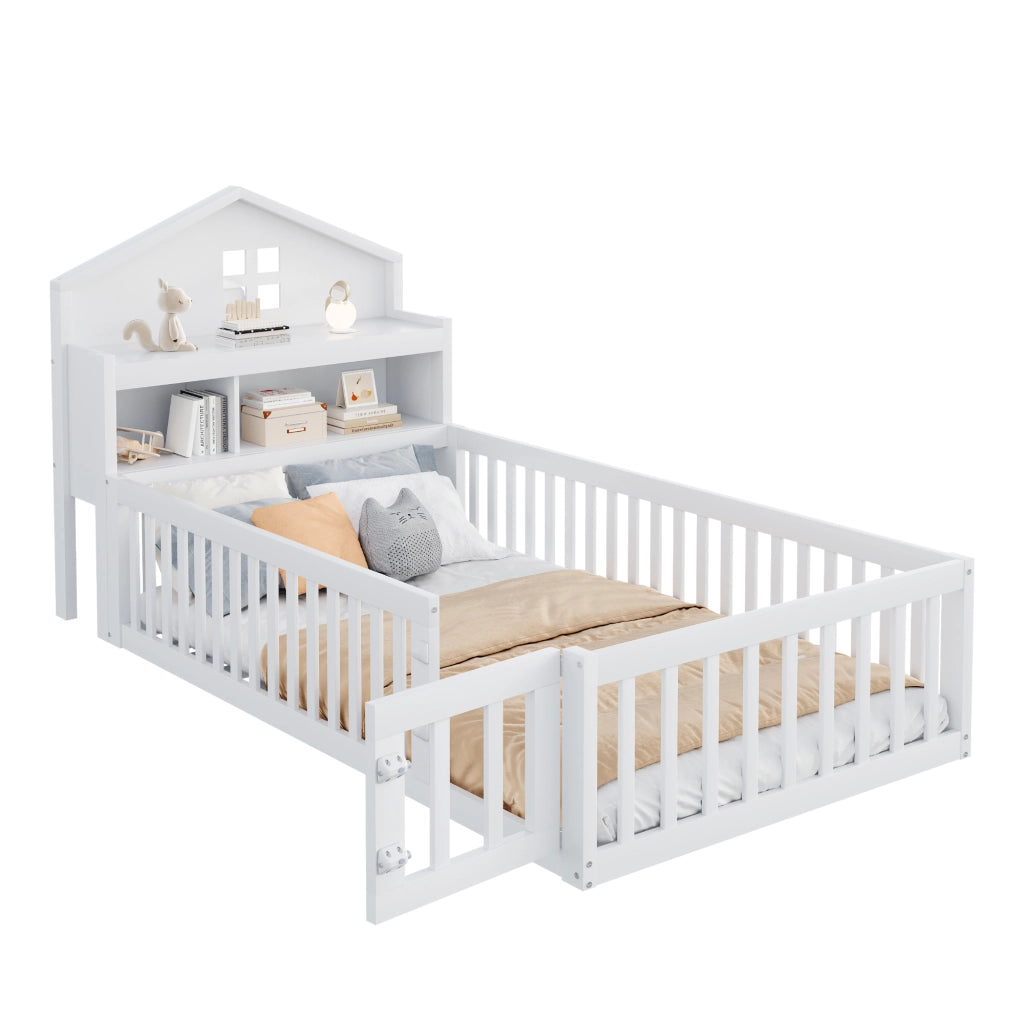 Letto a forma di casa bianco in legno massello con funzione contenitore e rete a doghe 90x200 cm