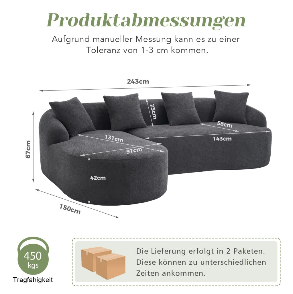 Divano curvo 3 posti in chenille; 243x150x67 cm; grigio scuro