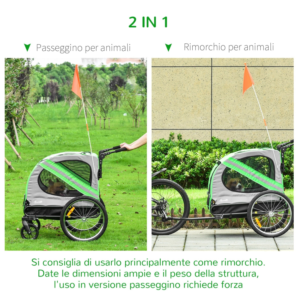 Rimorchio Bici e Passeggino per Cani 2 in 1, Carrello Bici in Acciaio e Tessuto Oxford con Catarifrangenti e Bandierina, Verde
