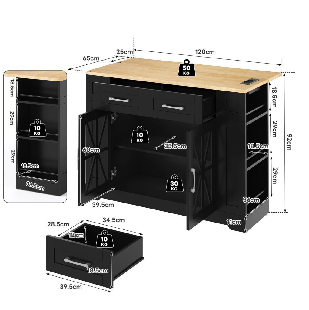 Isola cucina mobile con piano ribaltabile 120x40(65) cm in MDF nero e naturale