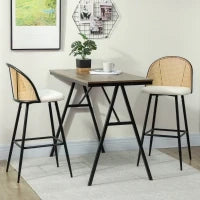 Set di 2 Sgabelli da Bar con Schienale in Rattan, Sedile Rivestito in Tessuto Teddy, Telaio in Acciaio e Poggiapiedi, Crema