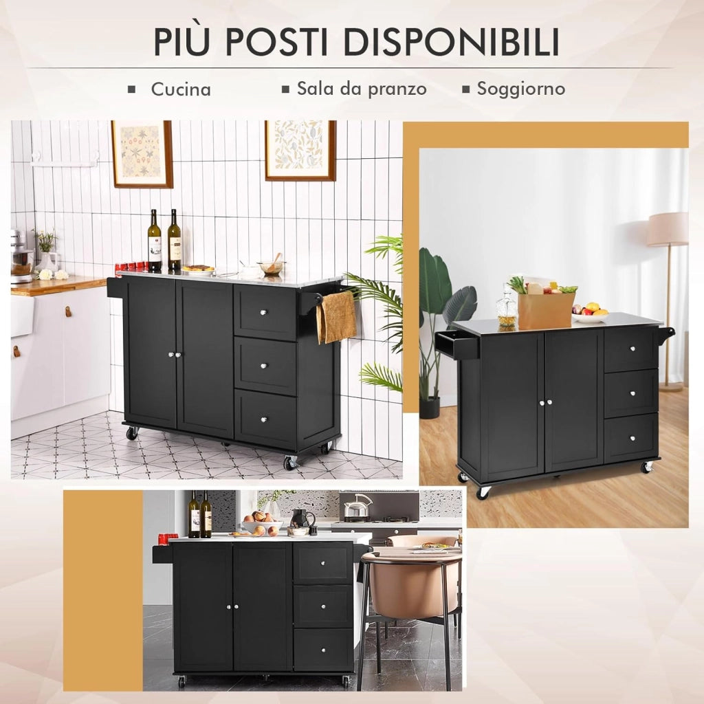 Carrello da Cucina, Isola da Cucina con Piano in Acciaio Inox, Armadietto a 2 Ante e 3 Cassetti, Ripiani Regolabili e Portasciugamani e Portaspezie, 135x45,5x 91,5 cm (Nero)