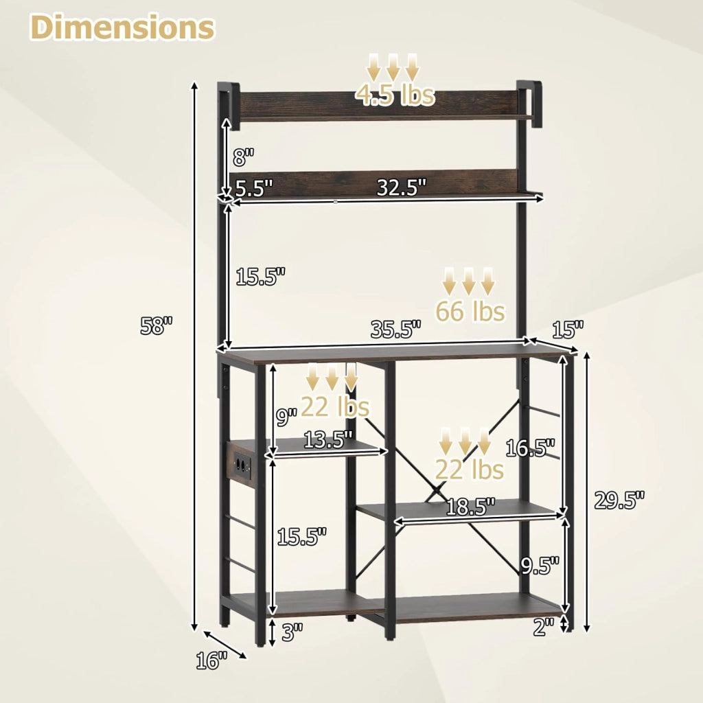 Scaffale da Cucina con Stazione di Ricarica, Luci, Supporto per Microonde a 6 Livelli per Spezie, Utensili, Piante, Mobile di Stoccaggio Industriale per Cucina, Marrone Rustico