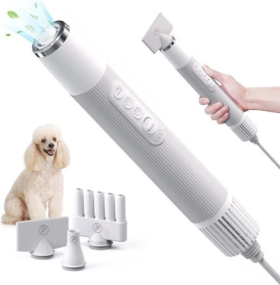 Fohn per cani - 470W - Regolazione della velocità del vento - Design silenzioso - Asciugacapelli per cani - Con accessori - Bianco - Fohn per cani