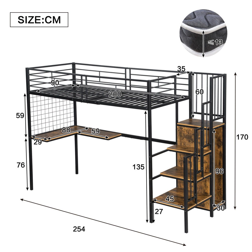 Letto a castello funzionale in ferro e MDF nero e noce scuro 90x200 cm