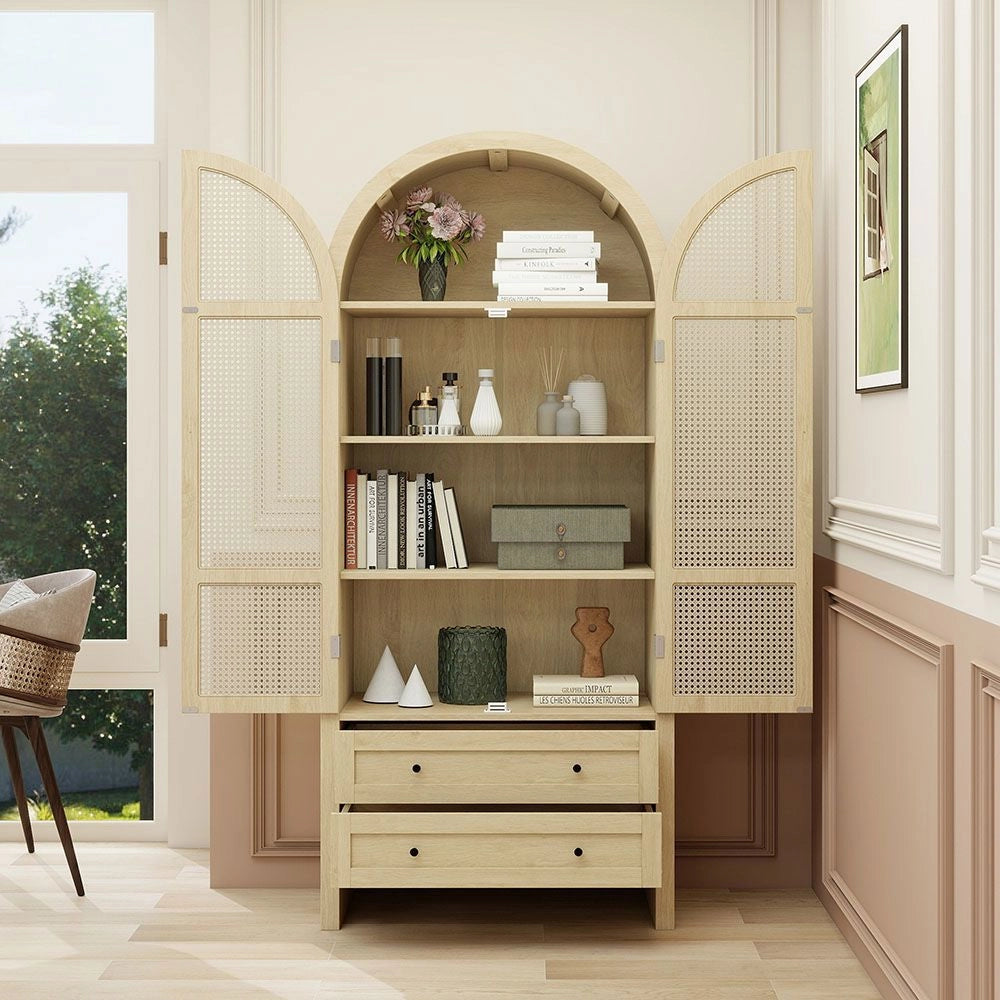 Armadio di archiviazione - Xylo - 79x39,5x178cm - Stile boh??mien con porte in rattano e due cassetti