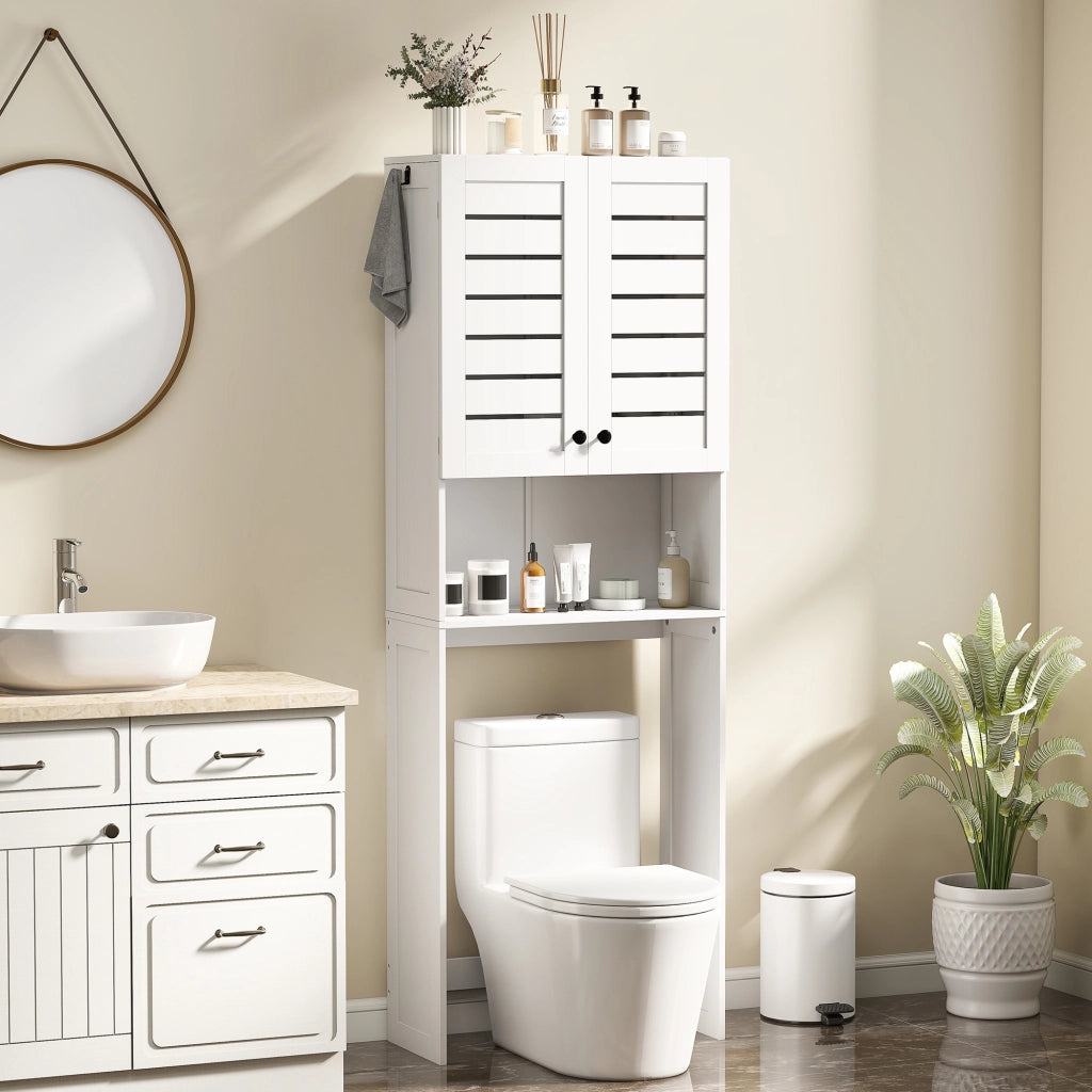 Mobile Sopra WC con Armadietto a 2 Ante e Ripiano Aperto. in Legno Bianco. 67x31.5x190 cm