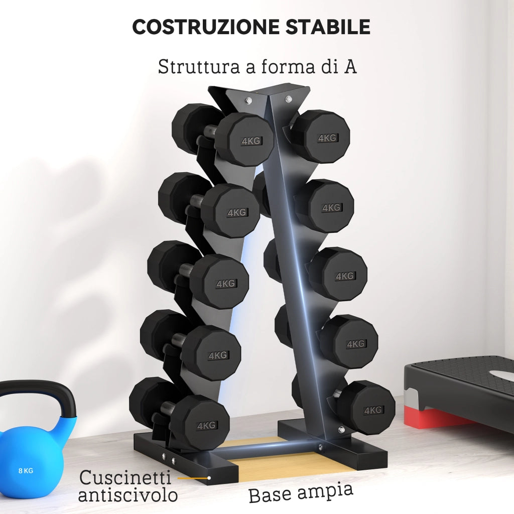 Rastrelliera per Manubri in Acciaio a 5 Livelli con Inserti in Plastica, 35x33x66 cm, Nera