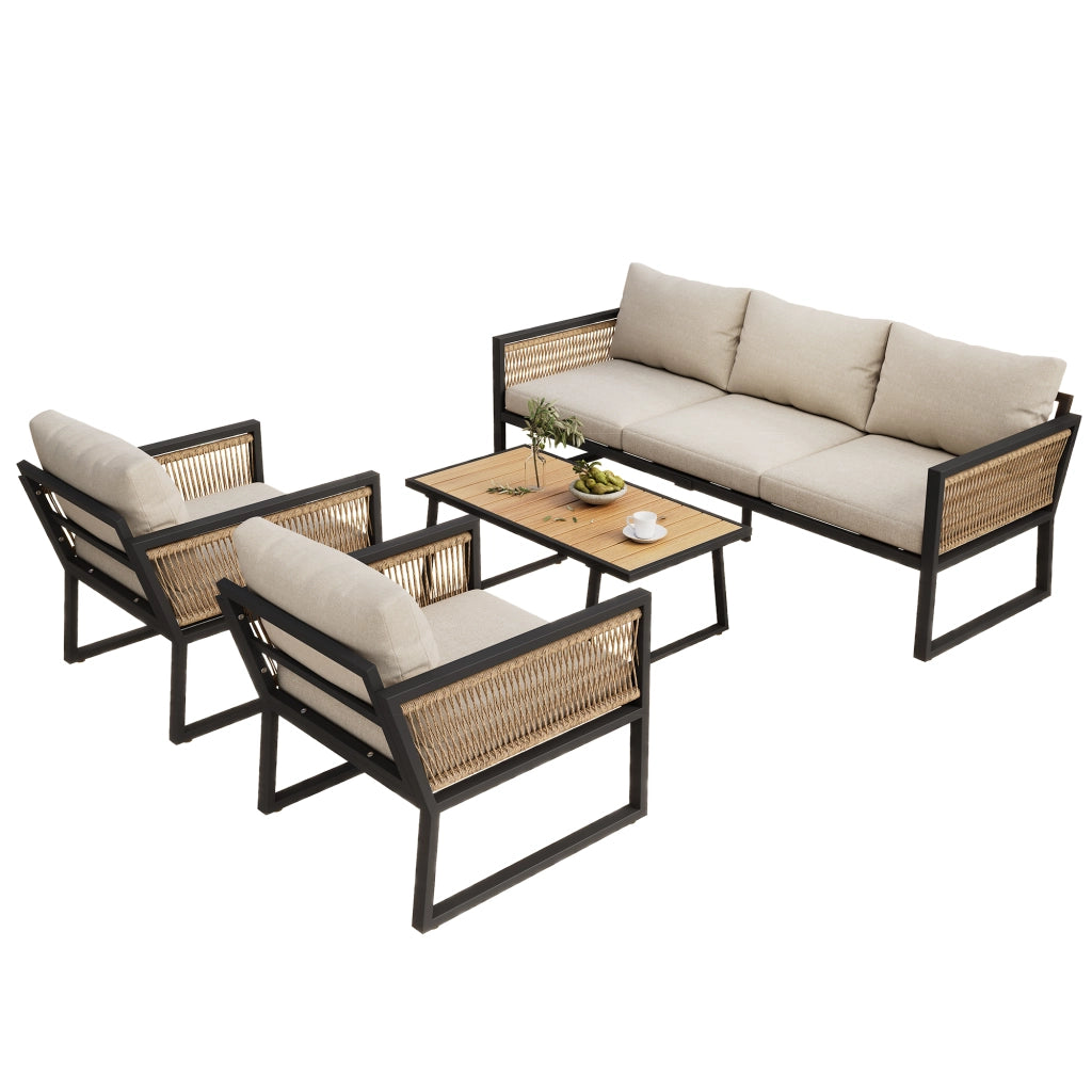 Set poltrona per mobili da giardino 4 pezzi. Set di mobili da giardino divano a 3 posti 2 poltrone e tavolino da caff¨¨ esterno piano tavolo in legno in plastica braccioli in corda intrecciata acciaio zincato beige
