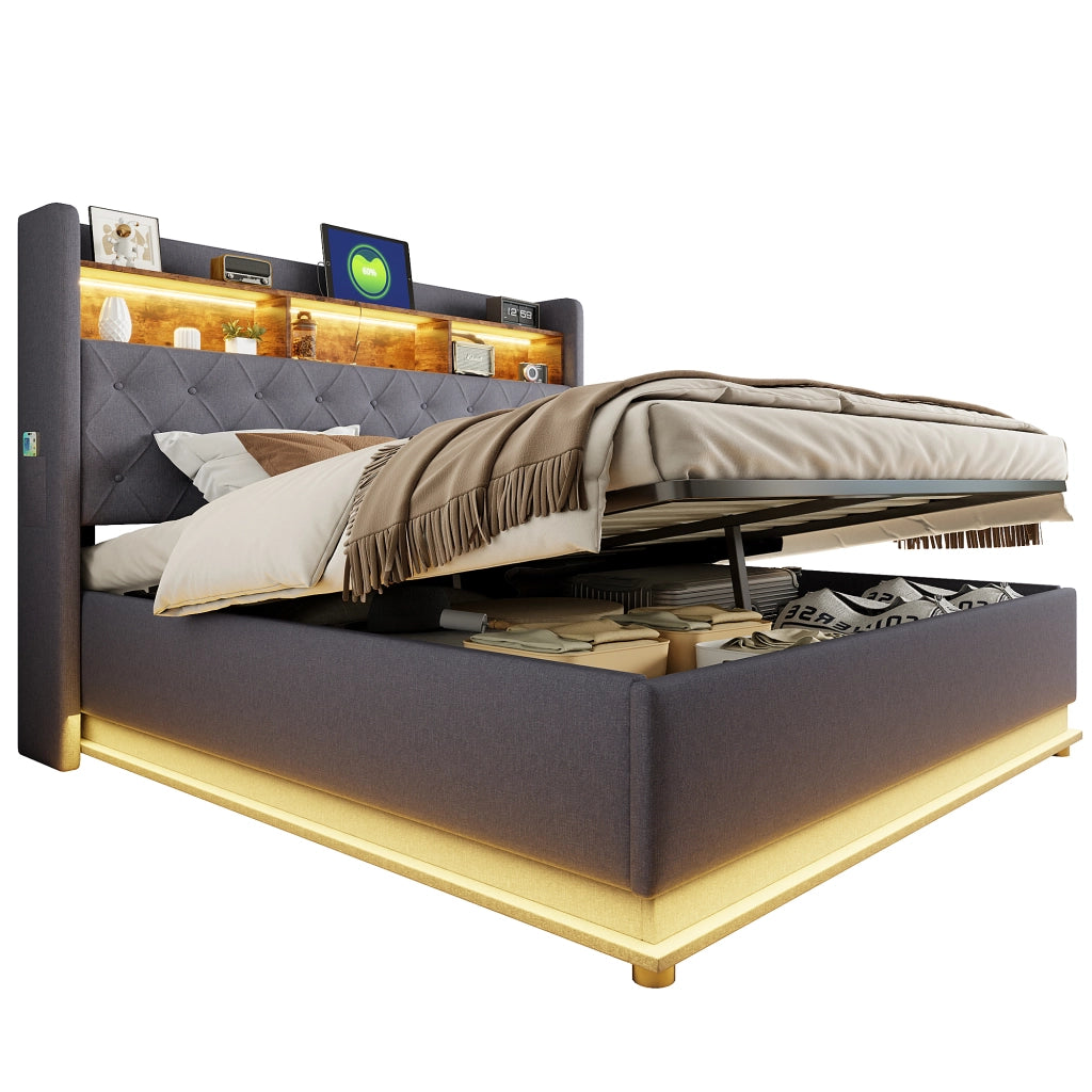 Letto imbottito LED 180x200 cm con USB e contenitore idraulico, grigio
