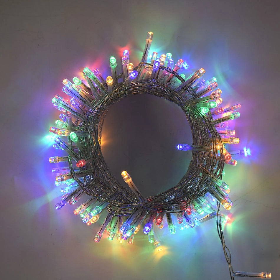 CATENA LUMINOSA LED 500 LUCI MULTICOLORE 25M CON CONTROLLER 8 FUNZIONI DI ILLUMINAZIONE CAVO TRASPARENTE IDEALE PER ESTERNO IP44