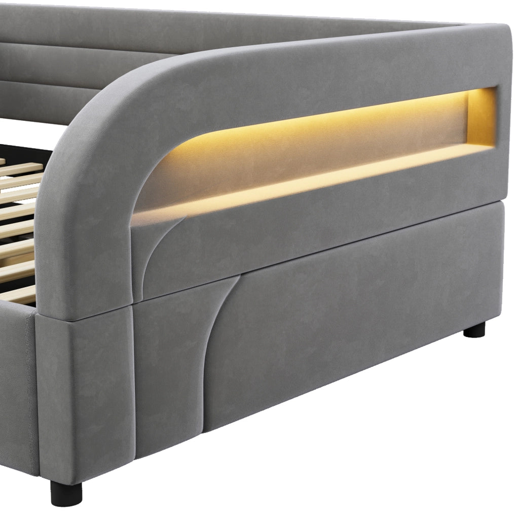Letto imbottito 140x200 cm con contenitore idraulico e LED; grigio