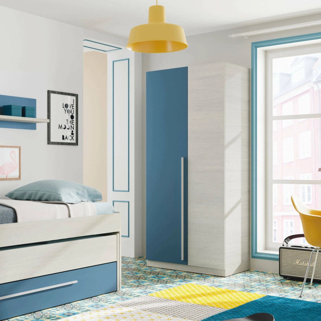 Guardaroba Alpine, Armadio per camera da letto a 2 ante battenti, Mobile con 3 ripiani e barra appendiabiti, cm 90x52h200, Bianco e Blu