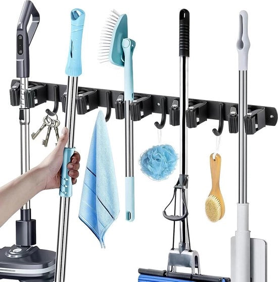 Sostegno per asse da parete in acciaio inossidabile - supporto per attrezzi con 5 posizioni e 4 ganci per uso domestico in cucina, garage o giardino