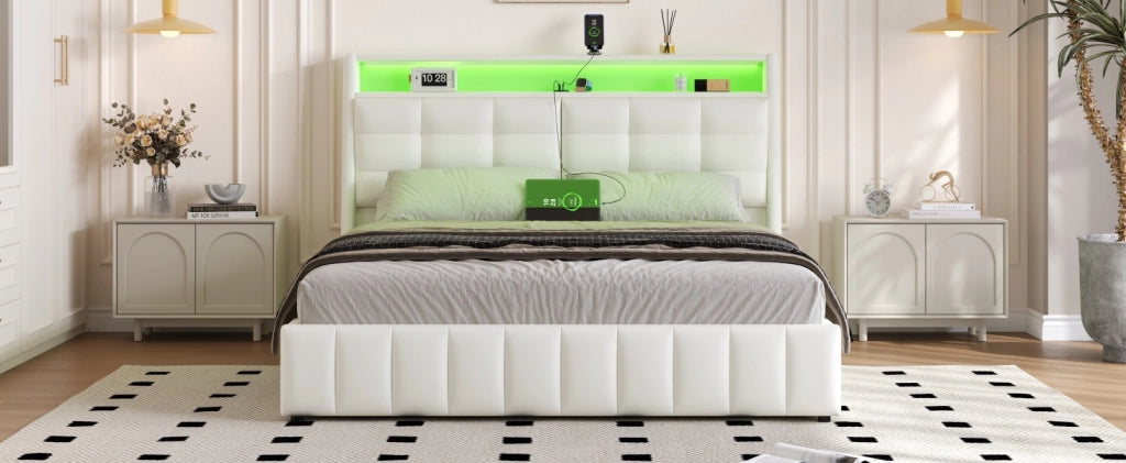 Letto a piattaforma imbottito 160 x 200 cm con luce LED e USB, contenitore sotto, cuscini testiera regolabili, Bianco