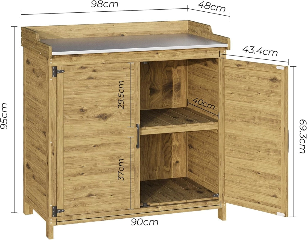 Tavolo da Esterno per Piante, Tavolo da Giardino con Piano di Lavoro Impermeabile, Tavolo da Lavoro in Legno con 1 Ripiano Regolabile, 48x98x95 cm. (Naturale)