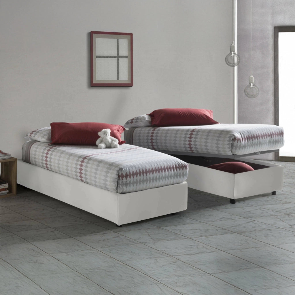 Letto singolo Abruzzo, Letto contenitore con rivestimento in ecopelle, Made in Italy, Apertura frontale, con materasso cm 80x200 incluso, Bianco