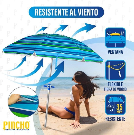 Parasole per spiaggia grande, resistente al vento, 200 cm - fino a 35 km/h - alluminio - 8 + 8 stecchi in fibra di vetro - 16 kg - tenda per spiaggia - parasole