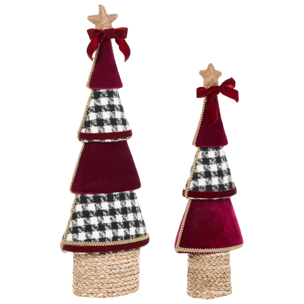 Set di 2 statuette ad albero di Natale rosse in velluto fatte a mano, decorazioni natalizie